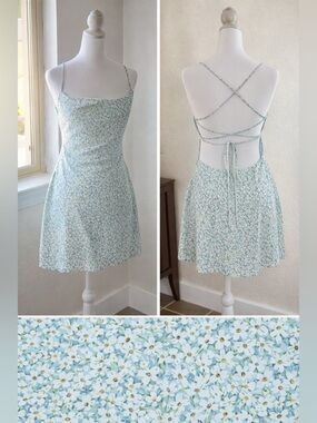 Hello Molly Blue Floral Open Back Tie Mini Dress Size US 8 Large
